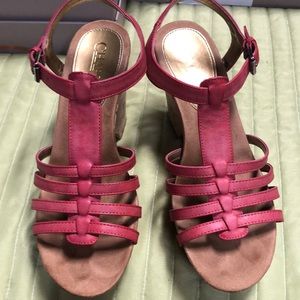 Red strappy chaps wedges